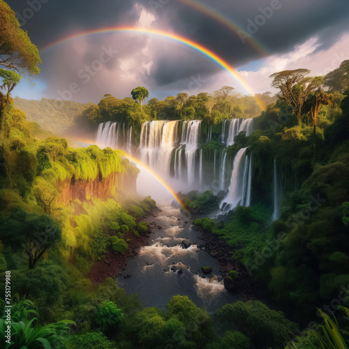 A rainbow over a waterfall surrounded by lush vegetation