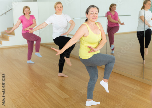 Group of senior women practicing active dancing in class at fitness center