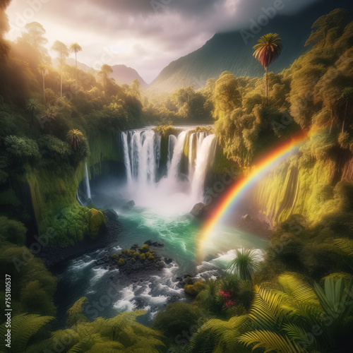 A rainbow over a waterfall surrounded by lush vegetation