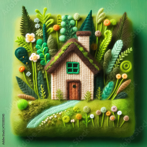 Felt art patchwork, Eco house. Green and environmentally friendly housing concept