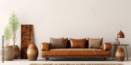 a living room surrounded by a brown leather sofa and three wooden vases