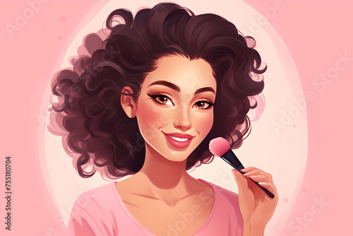 Portrait of beautiful young woman with paint brush for make up. Close up face girl model. Cartoon ai