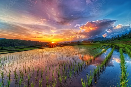 Tranquil Water Reflections in a Rice Field for Earth Day  Emphasizing Peace and Conservation with a Perfect Sunset
