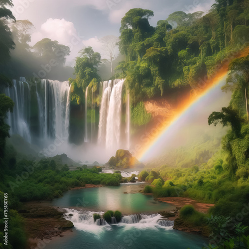 A rainbow over a waterfall surrounded by lush vegetation © lali