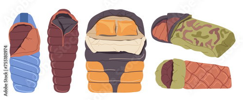 Camping beds, travel mats and sleeping bags with warm blanket touristic camp equipment set