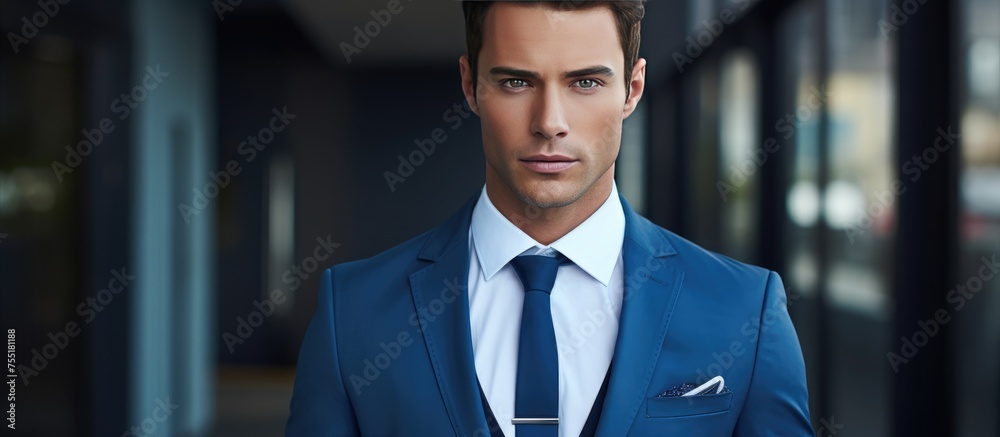 A young businessman dressed in an elegant blue suit and tie. He is standing confidently, showcasing professionalism and sophistication in his attire.