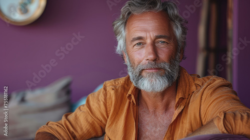 A man with glasses and a beard is sitting on a couch. He is wearing a brown sweater and a blue shirt. studio portrait Full body centered shot of a 50 years old man sitting on a sofa, purple background