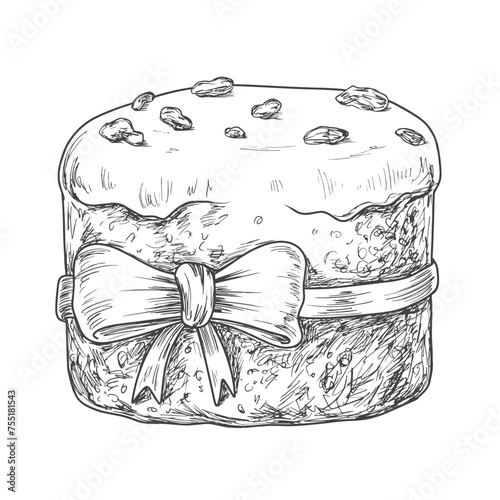 Hand drawn italian panettone. Sketch style Easter cake tied with a bow. Winter holiday Cake with raisins. Sweet bread. Vector illustration