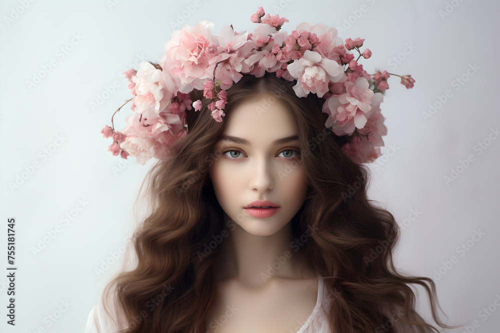 Portrait of beautiful young woman with long curly hair and wreath of flowers. Close up face girl model. Photograph ai