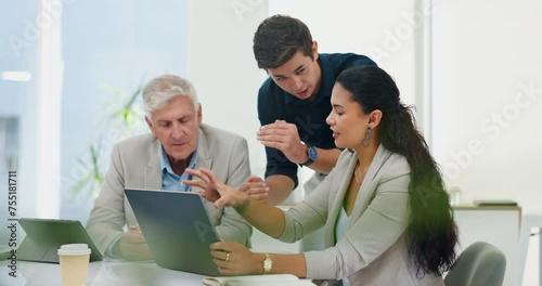Corporate, ceo and people at meeting with computer for explanation on company review and planning project. Manager, employees and conversation with digital tech for business info and online report