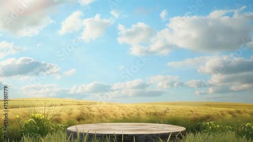 Pastoral countryside podium with a gentle rural sky background, for wholesome and traditional product displays.