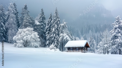 Peaceful winter landscape with snow-covered trees and a small cottage, symbolizing tranquility and isolation. © furyon
