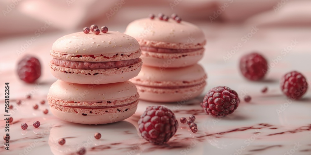 Three pink macaroons on a marble surface with a pink background and pink decoration.