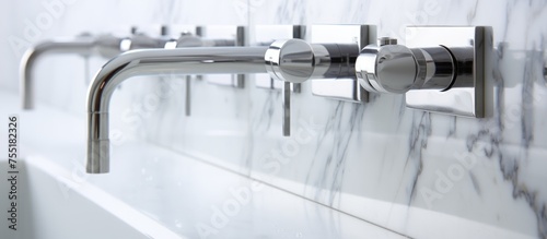 A closeup shot of a row of stainless steel lever faucets mounted on a sleek white marble wall in a modern bathroom. This image captures the elegance and luxury of a penthouse bathroom setting.