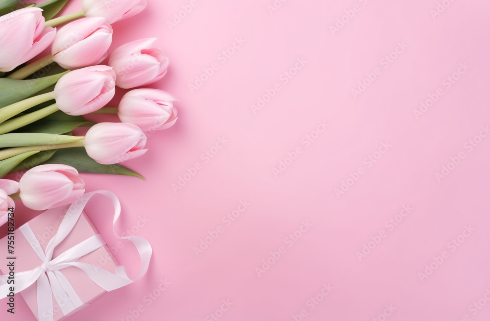 Photo of a pink background with tulips and white gift boxes Photo of a pink background with tulips and white gift boxes