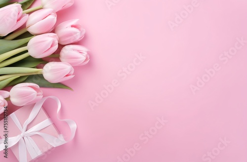 Photo of a pink background with tulips and white gift boxes