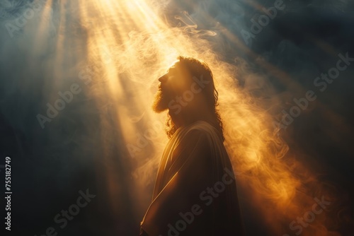 Silhouette of a Jesus Christ in the rays of light. Concept of Resurrection of Jesus photo
