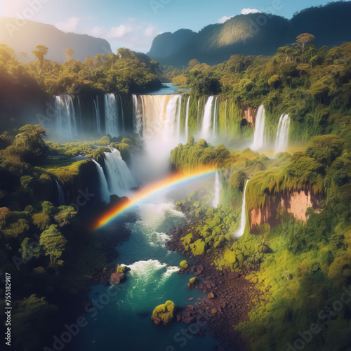 A rainbow over a waterfall surrounded by lush vegetation © lali