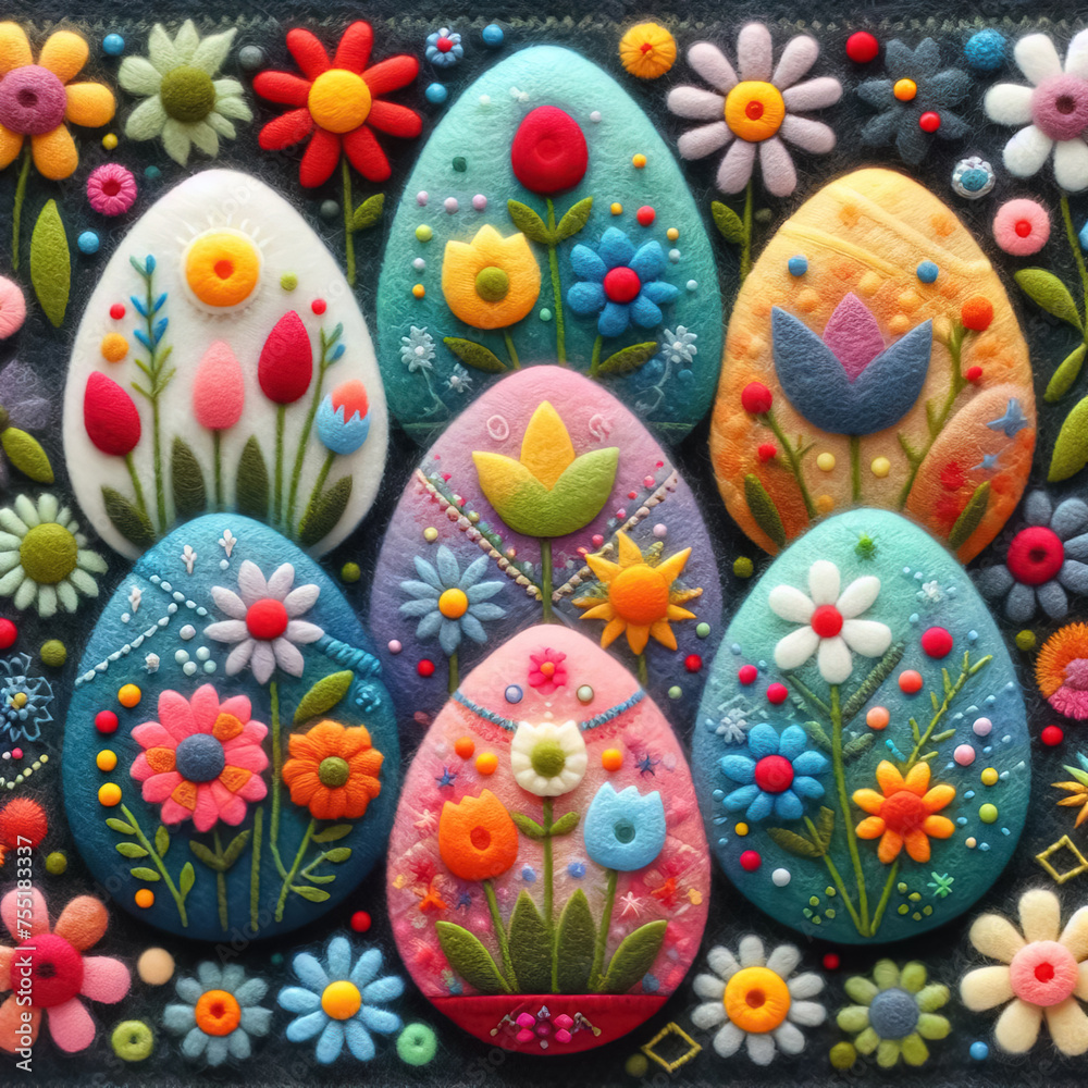 Felt art patchwork, Easter eggs with spring flowers, colorful holiday Felt art patchwork, Easter eggs with spring flowers, colorful holiday