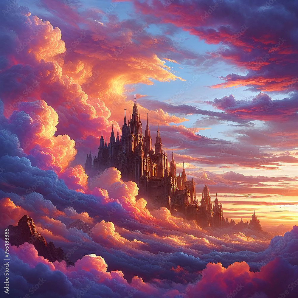 Fantasy castle sky sunset clouds architecture ancient majestic landscape dramatic colorful dreamy magical kingdom fortress spires towers gothic medieval atmosphere