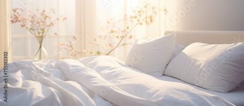 In a modern bedroom setting, an unmade bed with crisp white sheets and fluffy pillows stands prominently. The morning light gently illuminates the room, creating a simple yet inviting scene.