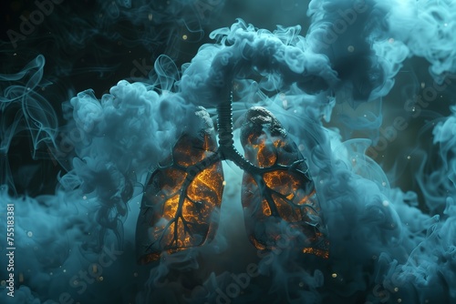 A visual representation of a persons lungs enveloped by a cloud of smoke, resembling electric blue gas. This artistic depiction symbolizes the impact of smoking on our world and health photo