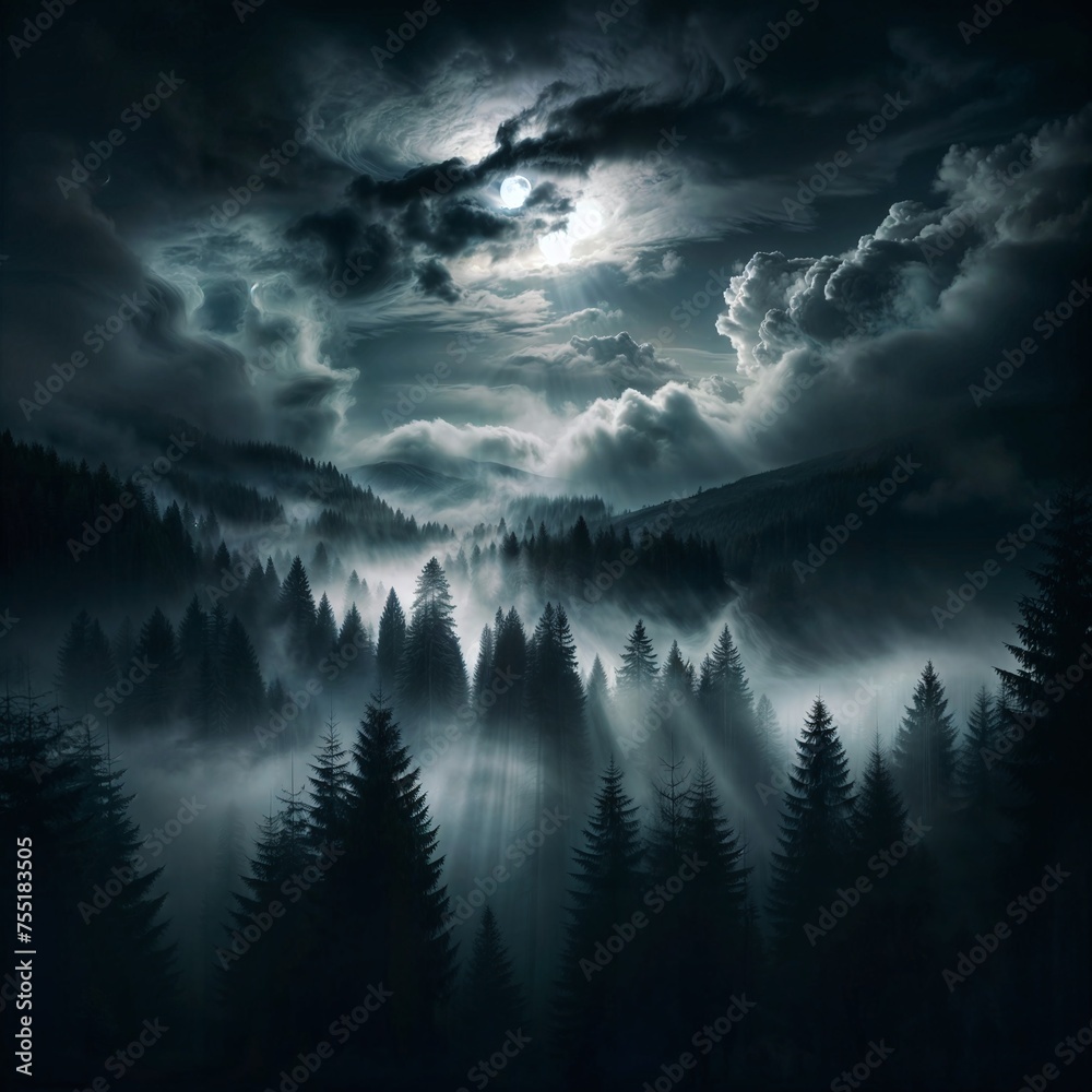 Mystical moonlit night forest scene with eerie misty woods under a dark ...