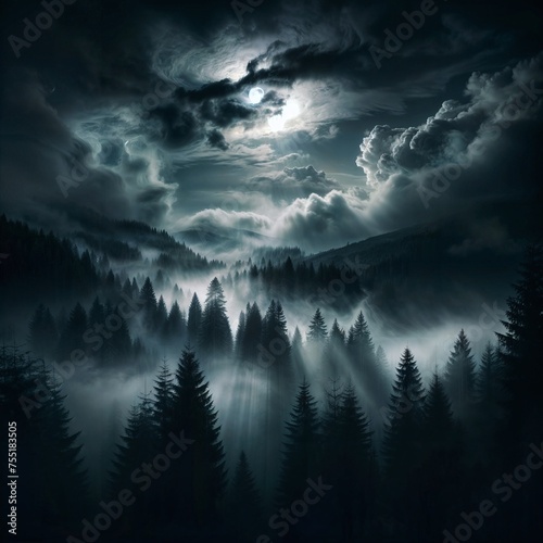 Mystical moonlit night forest scene with eerie misty woods under a dark sky filled with stars and a full moon casting ethereal light rays