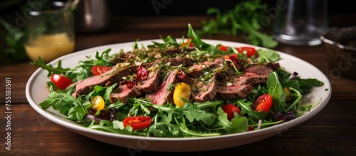 A beautiful dish featuring a white plate filled with a delicious salad made with a mix of meat and fresh vegetables, displayed on a rustic wooden table
