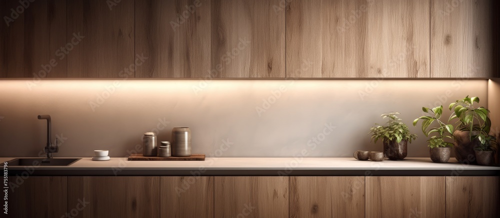 A modern kitchen featuring sleek wooden cabinets and a minimalist design. Plants are elegantly placed on the counter, adding a touch of nature to the contemporary space. A modern kitchen featuring sleek wooden cabinets and a minimalist design. Plants are elegantly placed on the counter, adding a touch of nature to the contemporary space.