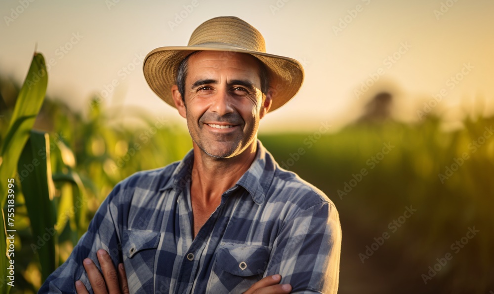 portrait of a handsome farmer in a field with his arms crossed