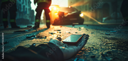 Consequences of Smartphone Use in Traffic Accidents. Hand clutching smartphone amidst car crash, firefighters in the distance. photo