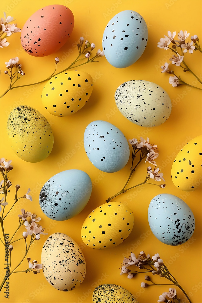 Colored Easter eggs with spots on a light yellow background. Flowers as decoration.