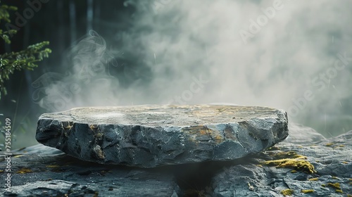 Rustic stone podium with misty forest smoke background, perfect for organic skincare product presentations.