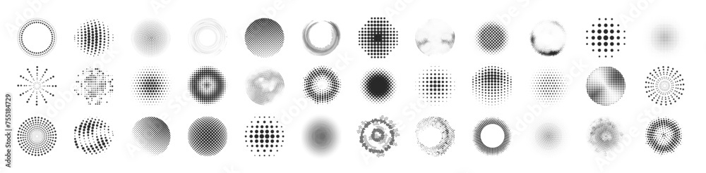 Set of black halftone dots backgrounds. Modern abstract background. Halftone dots in circle form. Round logo - obrazy, fototapety, plakaty 