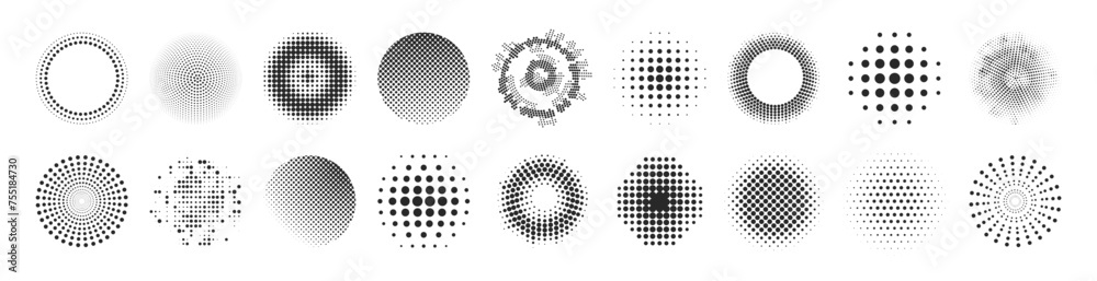 Abstract dotted circles, round halftones geometric dots gradient and pop art texture. Round dotted pattern geometric background - obrazy, fototapety, plakaty 