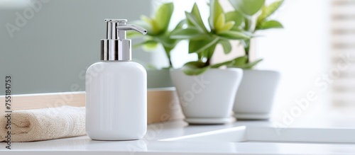 A grey soap dispenser, spa towel, and a green potted plant are neatly arranged on a white counter table inside a bright bathroom. The simple yet elegant setup adds a touch of freshness to the space. © TheWaterMeloonProjec