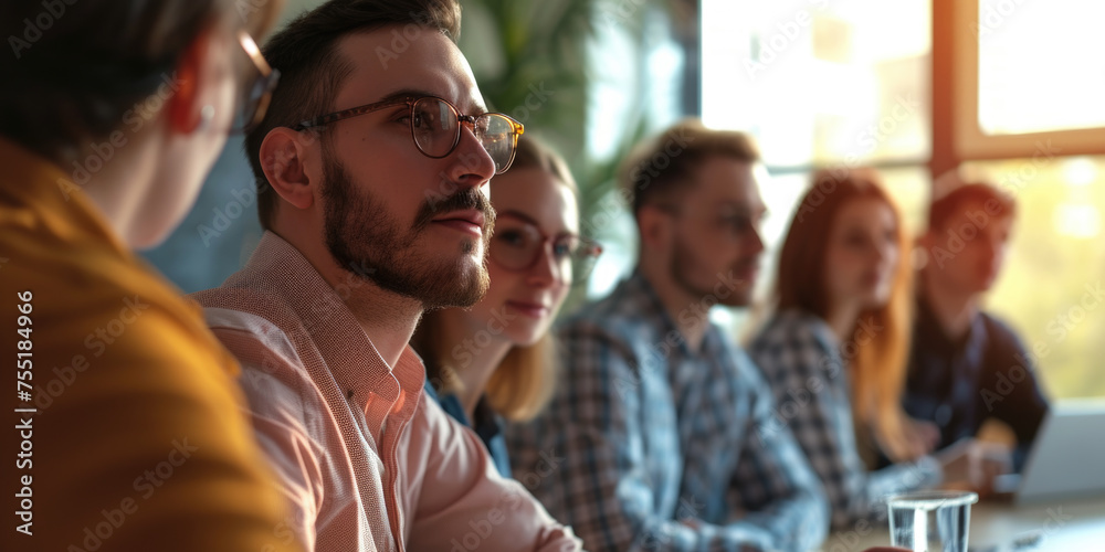Group of people are sitting around table, with one man wearing glasses Group of people are sitting around table, with one man wearing glasses
