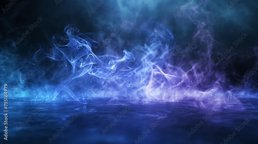 Shimmering, opalescent smoke dancing on a mysterious, dark background, with fantasy-inspired ground lighting.
