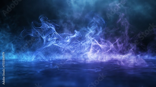 Shimmering, opalescent smoke dancing on a mysterious, dark background, with fantasy-inspired ground lighting.
