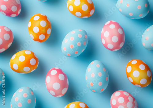 Colorful Easter egg pattern on blue background