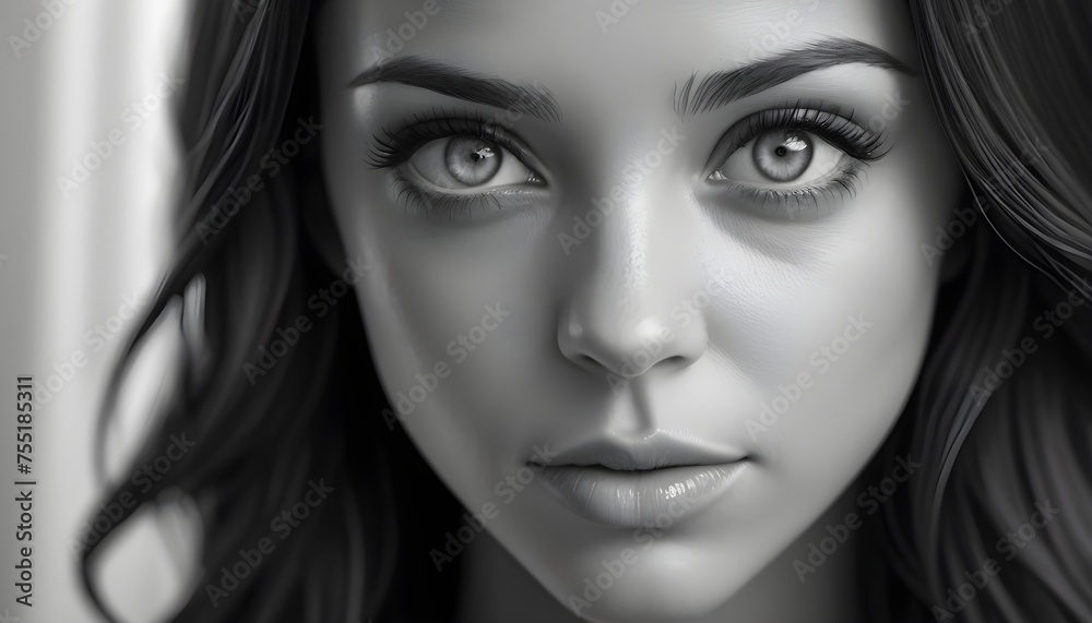 Close-up black and white portrait of a woman with dark hair, sensual lips, deep grey eyes looking at viewer Close-up black and white portrait of a woman with dark hair, sensual lips, deep grey eyes looking at viewer
