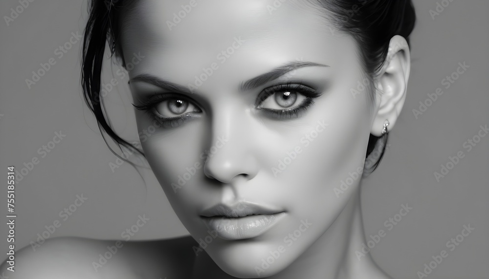 Close-up black and white portrait of a woman with dark hair, sensual lips, deep grey eyes looking at viewer Close-up black and white portrait of a woman with dark hair, sensual lips, deep grey eyes looking at viewer