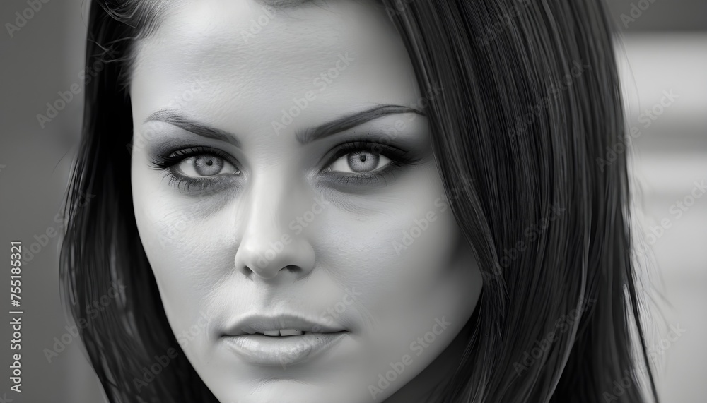 Close-up black and white portrait of a woman with dark hair, sensual lips, deep grey eyes looking at viewer Close-up black and white portrait of a woman with dark hair, sensual lips, deep grey eyes looking at viewer