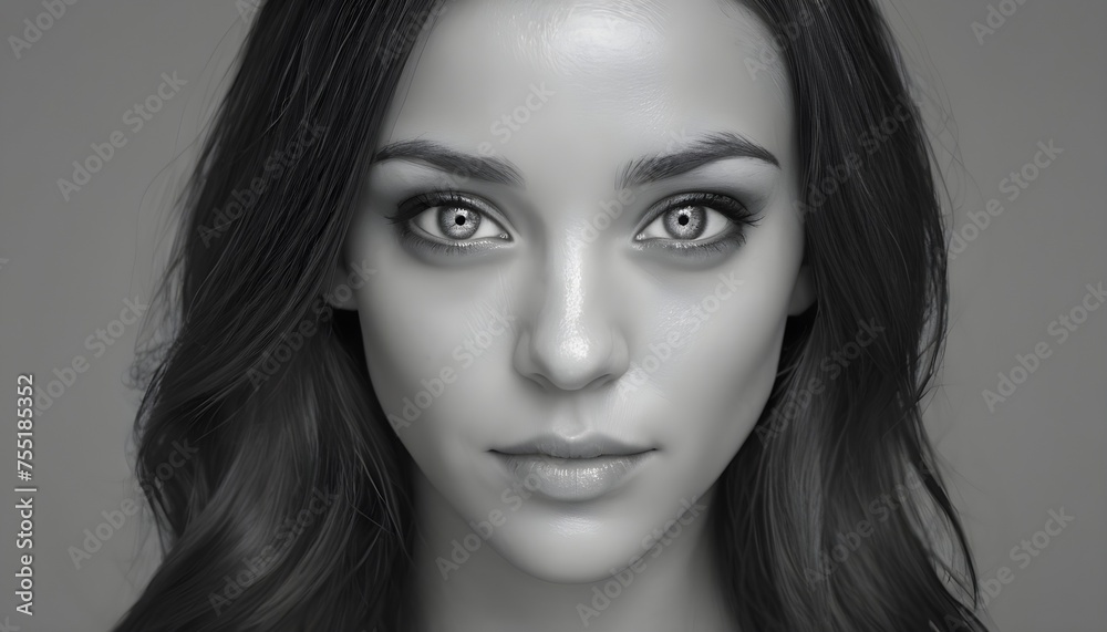 Close-up black and white portrait of a woman with dark hair, sensual lips, deep grey eyes looking at viewer Close-up black and white portrait of a woman with dark hair, sensual lips, deep grey eyes looking at viewer