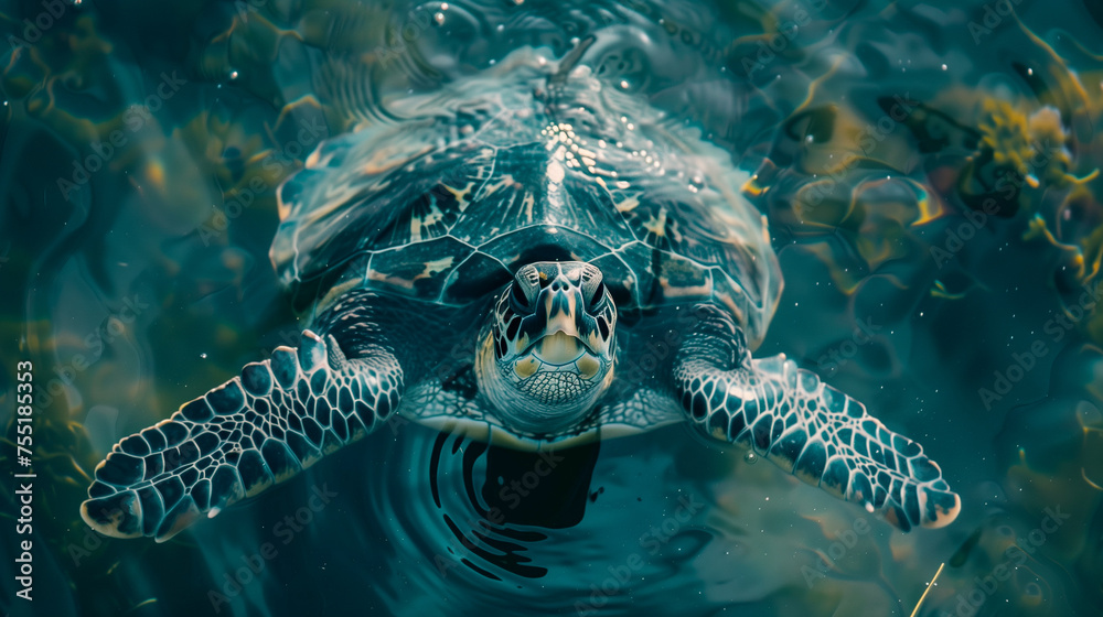 Turtle Popping Head out of Water - obrazy, fototapety, plakaty 