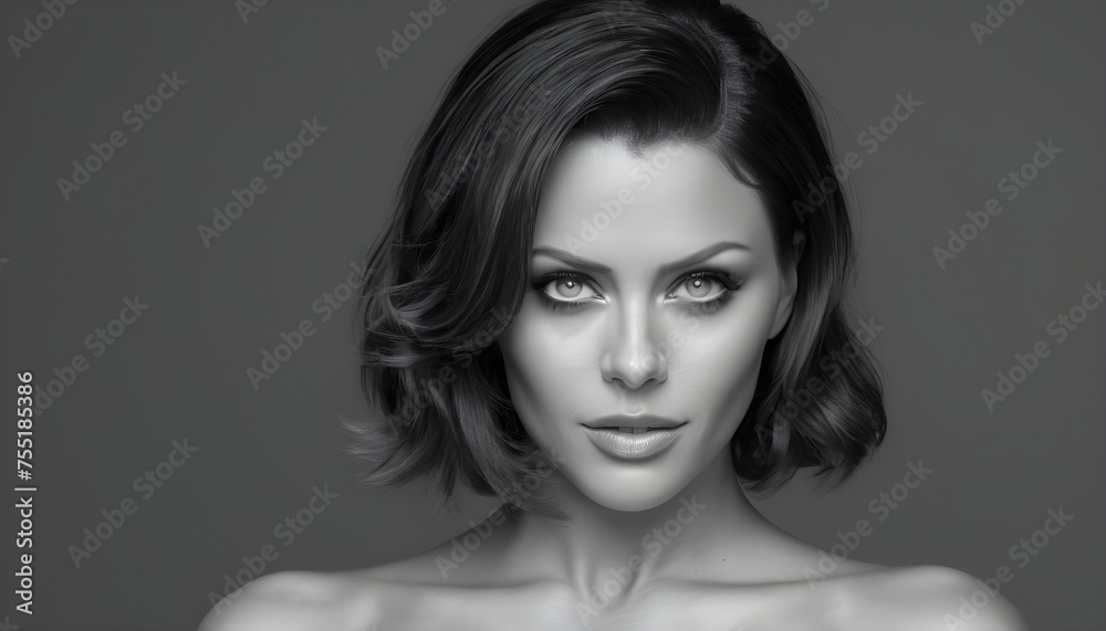 Close-up black and white portrait of a woman with dark hair, sensual lips, deep grey eyes looking at viewer Close-up black and white portrait of a woman with dark hair, sensual lips, deep grey eyes looking at viewer