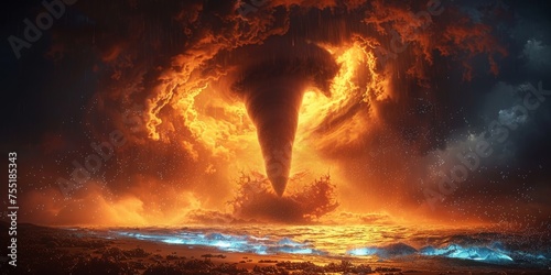 Catastrophic Fire Tornado Emerging from the Sea, a Frightening Vision of Climate Change and Environmental Destruction