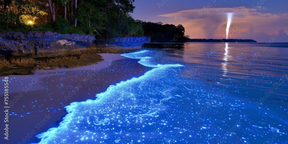 Bioluminescent Waves on Tropical Beach with Lightning Strike for Nature's Beauty and Power Theme