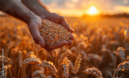 Hands of farmer over ripe wheat field with the sun at sunset © Vadim